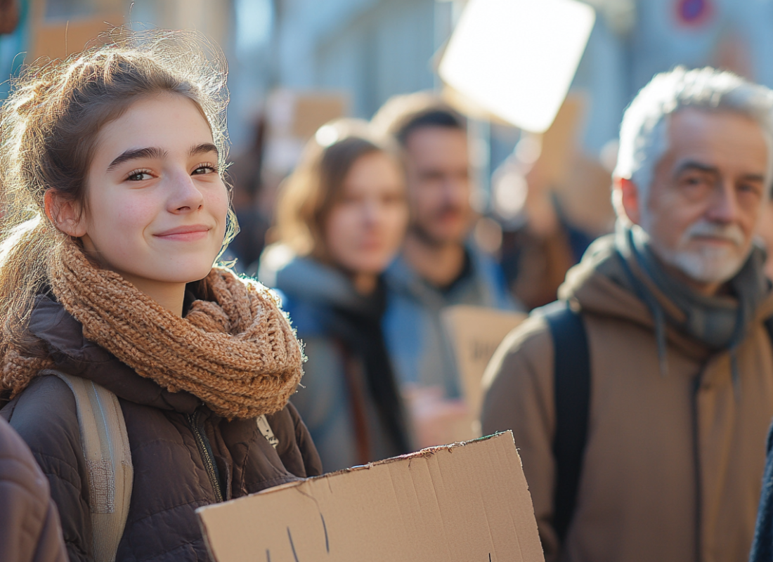 Une jeune femme et un homme âgé luttent pour l'égalité des genres et une société plus inclusive